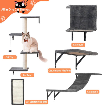 Modern Wall-Mounted Cat Furniture - 5pcs Cat Wall Shelves, Wooden Climber Includes House, Bridge, Tree, Steps, and Scratcher (Gray)