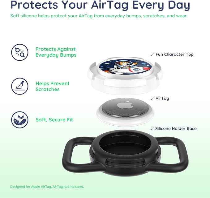 Dog AirTag Holder for Dog Collar, Soft Silicone Slide-On Case for Apple AirTag, No-Dangle Quiet Protective Holder with Eye-Catching Pet Character Designs, Black-Rocket Pilot