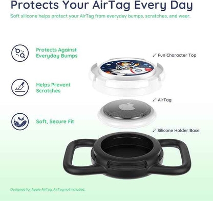 Dog AirTag Holder for Dog Collar, Soft Silicone Slide-On Case for Apple AirTag, No-Dangle Quiet Protective Holder with Eye-Catching Pet Character Designs, Black-Rocket Pilot