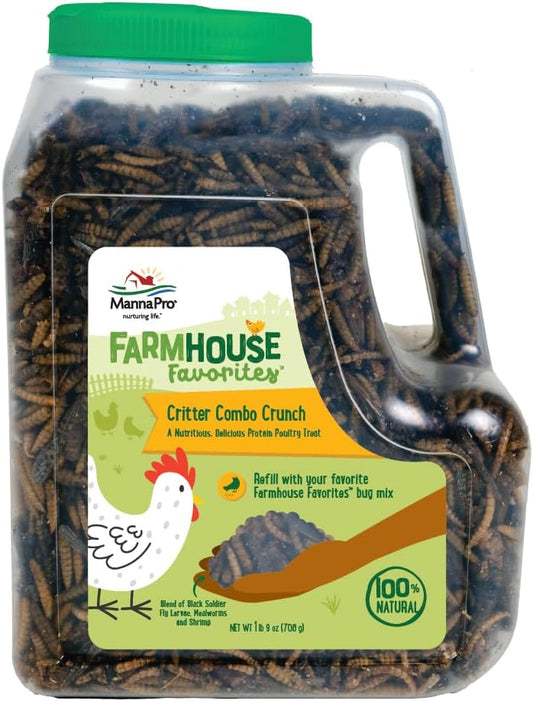 Manna Pro Farmhouse Favorites Critter Combo Crunch Bug Jug – Engaging Poultry Treat – Blend of Black Solider Fly Larvae, Mealworms & Shrimp – Great Source of Protein – Encourages Foraging – 25oz