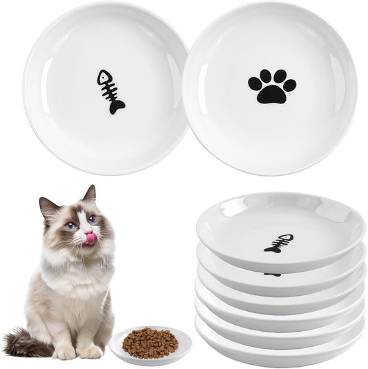 6 Pack Cat Food Bowl, Ceramic Cat Bowls, Anti Whisker Fatigue Cats Bowl Set,5.5 Inches Shallow Wide Kitten Plates for Food and Water (Cat's Paw+Fishbone)