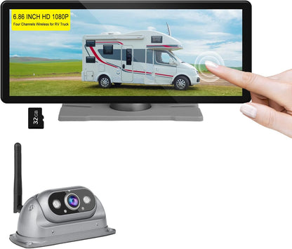 RV Wireless Backup Cameras with Monitor 6.86 Inch Touchscreen Built in DVR Video Recording for Truck RV Trailer Rear Side Wide View Back Up Camera Wireless Transmit Image Avoid Blind IP69K Waterproof