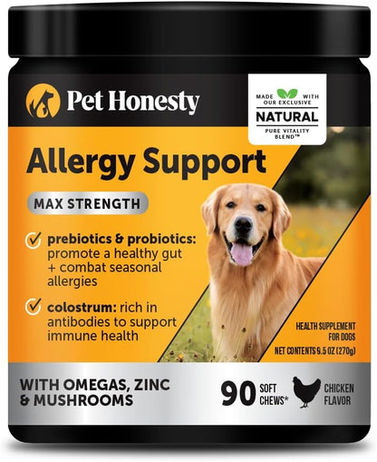 Pet Honesty Dog Allergy Itch Relief - Maximum Strength Itch Supplement with Probiotics for Dogs - Immune Support & Skin Relief for Seasonal Allergies - Natural Itchy Skin Paw Relief - (Chicken, 90 Ct)