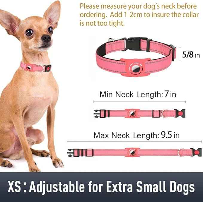 AirTag Dog Collar with AirTag Holder Compatible for Air Tag, Reflective Soft Padded, Safety Locking Buckle, Adjustable Nylon for Small Medium Large Dogs (Pink,XS)