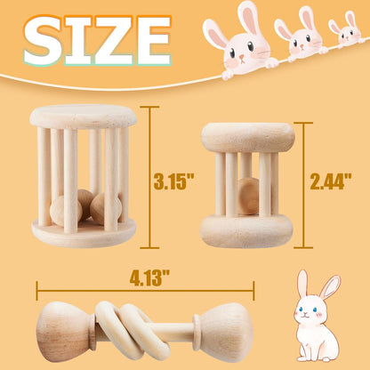 3 Pcs Natural Wooden Bunny Toys, Safe Rabbit Toys for Guinea Pig Chinchillas Hamsters Small Animals Playing Teeth Grinding Indoor Outdoor