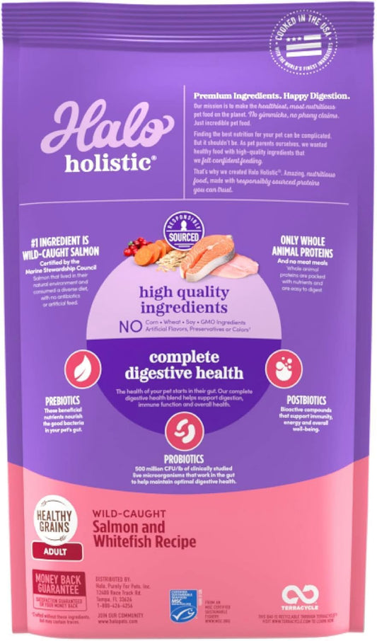 Halo Holistic Cat Food Wild Caught Salmon & Whitefish Formula, Healthy Grains Dry Cat Food, Complete Digestive Health, Kibble for Adult Cats, 10 lb Bag
