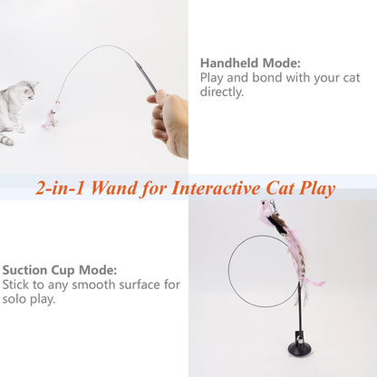 12PCS Interactive Cat Feather Wand Toy Set – 11 Bird & Feather Teaser Refills with Bells + Flexible Suction Cup Wand – Realistic Bird Design, Natural Materials, Indoor Cat Toys for Exercise & Play