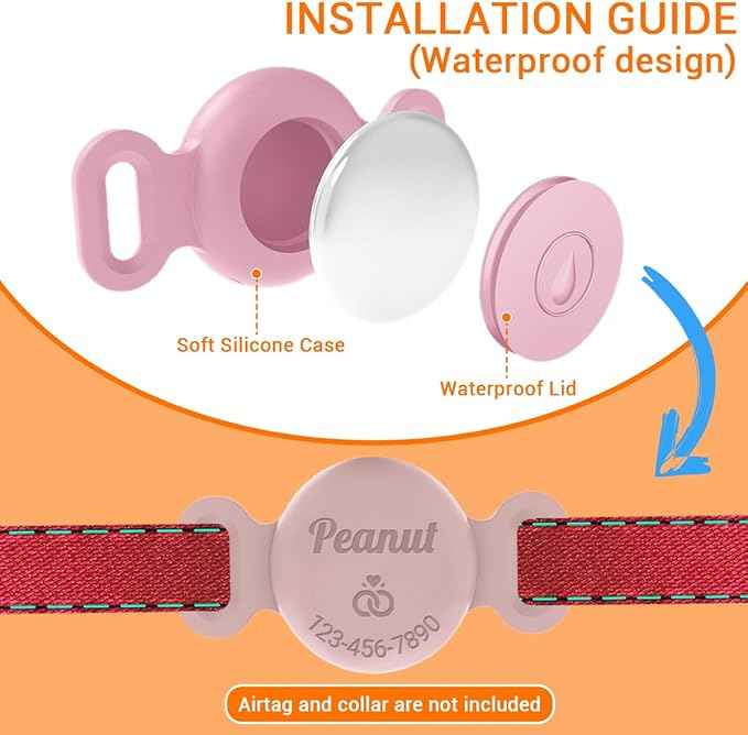 Personalized Waterproof Holder for Airtag Dog Collar Custom Name Phone Number Address Soft Full-Body Protective Silicone Air tag Cover for Pets Cats Anti-Lost Secure Lock for GPS Tracking, 18 Colors