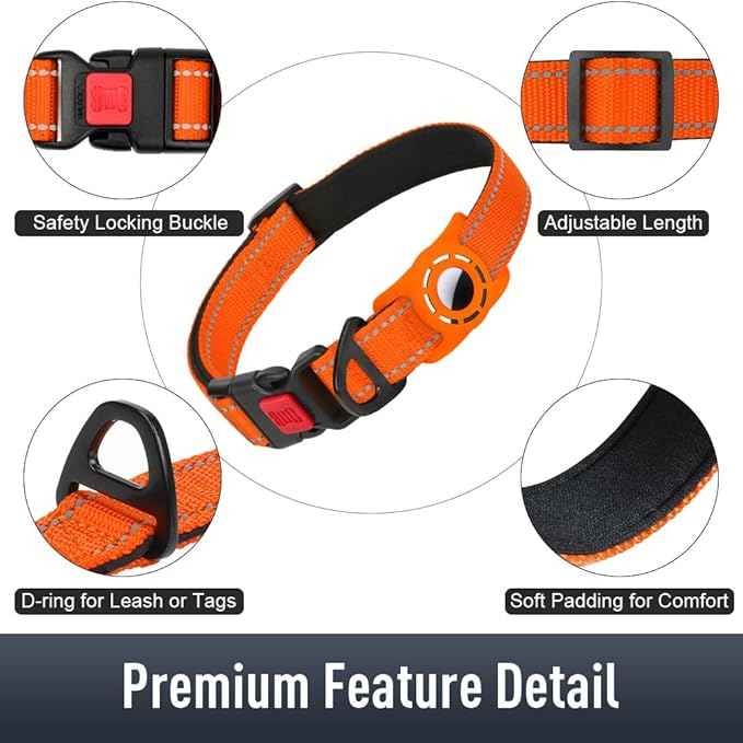 AirTag Dog Collar with AirTag Holder Compatible for Air Tag, Reflective Soft Padded, Safety Locking Buckle, Adjustable Nylon for Small Medium Large Dogs (Orange,XL)