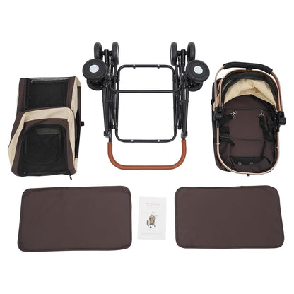 Double Pet Stroller with Detachable Carriers, Large Cat & Dog Stroller with 4 Wheels, Foldable Pet Strollers Small & Medium Dogs Cats 77lbs (Coffee Color) - Pawvie