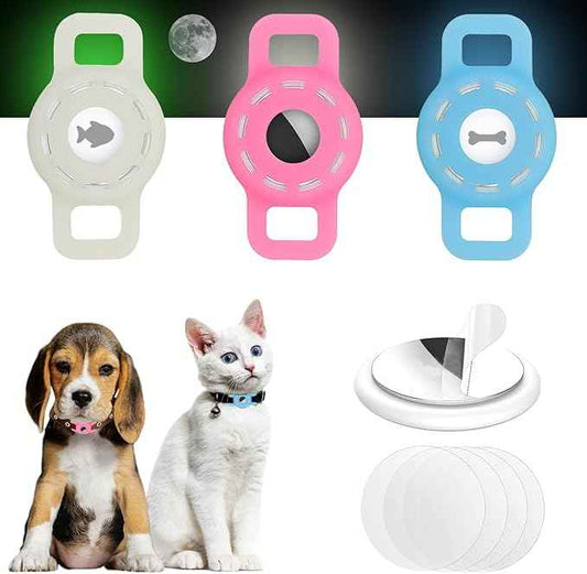 3-Pack Luminous AirTag Cat Collar Holder for Apple AirTag 2021, Silicone Air Tag Protective Case for Puppy Dog Collar with Screen Protectors - White & Blue & Pink