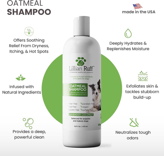 Lillian Ruff PRO Formula Deodorizing Oatmeal Dog Shampoo - Calms Itching & Allergies, Ultra-Nourishing Dry Skin Relief - Oatmeal, Aloe, Coconut Oil, Lavender & Provitamin B5 - Made in USA 16oz+Brush