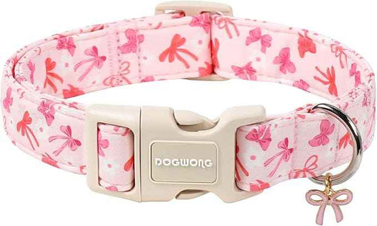 DOGWONG Pink Dog Collar, Cute Flower Girl Female Dog Collar Adjustable Soft Bowtie Print Pet Dog Collar for Medium Dogs,M