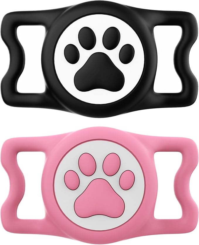 IP68 Waterproof Compatible with AirTag Dog Collar Holder, Silicone Dog for Airtag Holder for Apple AirTags (Black&Pink)