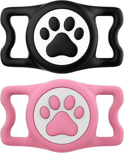 IP68 Waterproof Compatible with AirTag Dog Collar Holder, Silicone Dog for Airtag Holder for Apple AirTags (Black&Pink)