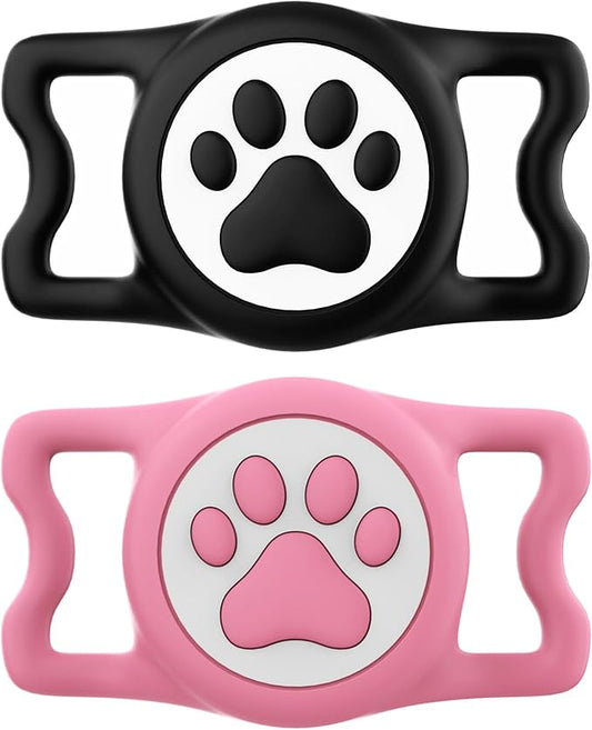 IP68 Waterproof Compatible with AirTag Dog Collar Holder, Silicone Dog for Airtag Holder for Apple AirTags (Black&Pink)