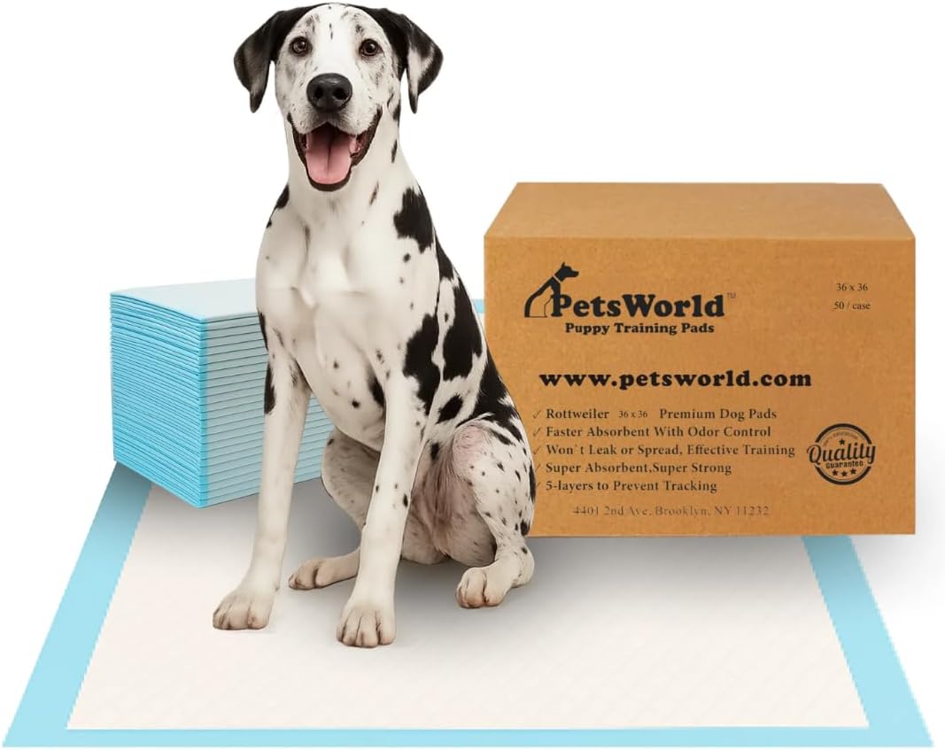 PETSWORLD Giant Dog Potty Pads, Odor-Eliminating, 36" x 36", Ultra Absorbent 5-Layer Leak-Proof Training Pads for Dogs & Cats (36x36, 50 Count)