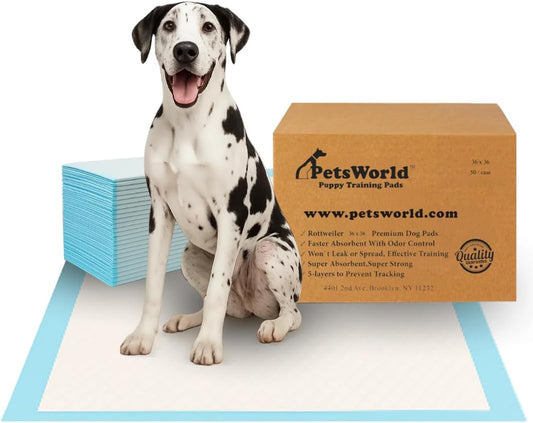PETSWORLD Giant Dog Potty Pads, Odor-Eliminating, 36" x 36", Ultra Absorbent 5-Layer Leak-Proof Training Pads for Dogs & Cats (36x36, 50 Count)