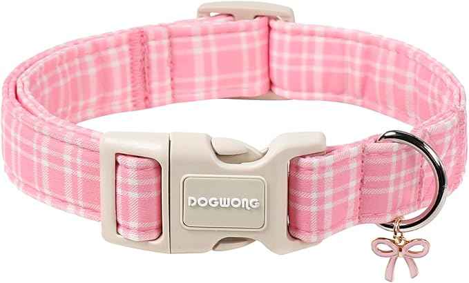 DOGWONG Pink Plaid Collar for Small Medium Large Dogs - Pink Dog Collar for Girl Female Dogs,M