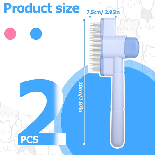 Zen Brush for Cats: Cat Flea Comb & Dematting Comb for Cats - Self-Cleaning Pet Hair Removal Tool with Long & Short Stainless Steel Teeth, Blue Pink