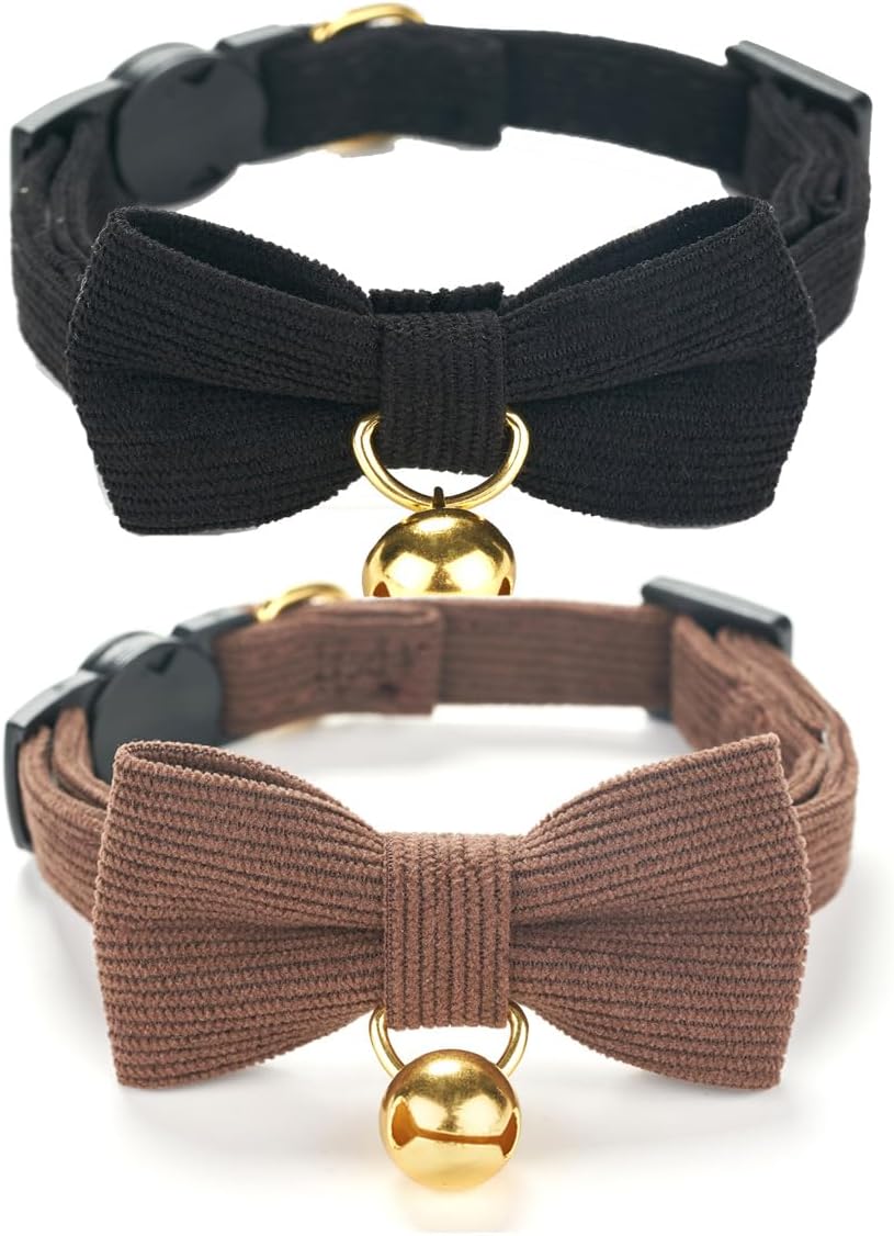 2 Pack Soft Corduroy Cat Collars with Bow Tie & Bell, Adjustable Breakaway Cotton Kitty Bowtie Collar for Male Boy Cats (Black & Brown)