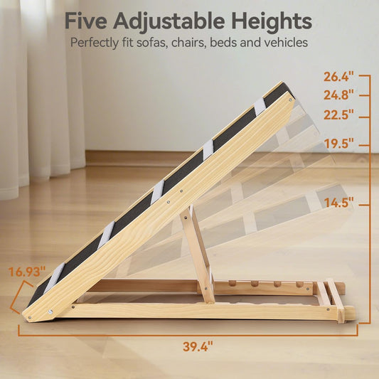 PawGiant Portable Dog Ramp for Bed, 39.4" L x 16.9" W Extra Wide Wooden Pet Ramp for Large Small Dogs, 5 Adjustable Heights from 14.5" to 26.3", Foldable Dog Ramp for Car Couch, Hold Up to 200LBS - Pawvie