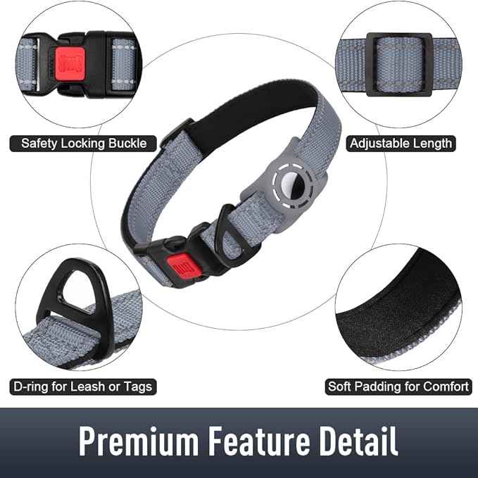 AirTag Dog Collar with AirTag Holder Compatible for Air Tag, Reflective Soft Padded, Safety Locking Buckle, Adjustable Nylon for Small Medium Large Dogs (Grey,XS)