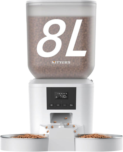 Automatic Cat Feeder for 2 Cats - 8L/34 Cups Large Capacity Auto Food Dispenser with LCD Screen, 2 Food Trays, Timed Cat Feeder, Up to 50 Portions 6 Meals Per Day, Keep Fresh, White