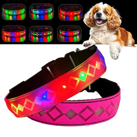LED Dog Collar with AirTag Holder and Custom ID Tag, 15 Light Modes, Waterproof, Multiple Colors (Pink Pro, XL(19.7-23.6"))