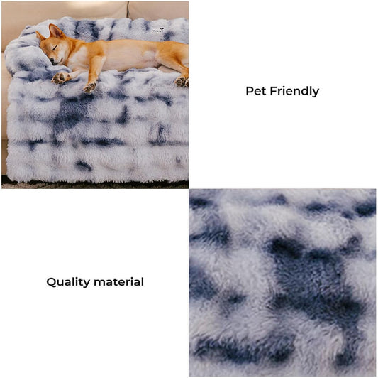 FUNNY FUZZY Pet Fluffy Fuzzy Couch Cover, Calming Washable Dog Bed Sofa Protector Pets Mat for Small Medium Dogs and Cats (Tie-dye Blue,33.45 Ă 28.35 Ă 5.51 in)