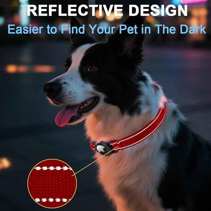 Airtag Dog Collar with Waterproof Air Tag Holder, Integrated Reflective Pet Collar with Soft Padding, Adjustable Nylon Collar for Small Medium Large Dogs, Red,M (14.5"-19.7")