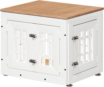 26" Heavy Duty Dog Crate Furniture for Small,Medium and Large Dogs,Rustic Wooden Dog Cage Kennel Indoor Furniture with Waterproof Top,Decorative Pet House Side End Table (White & Wood)