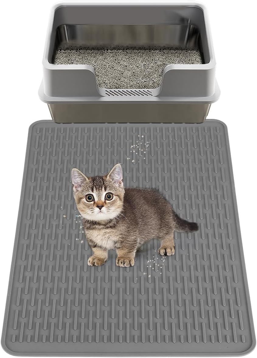 MEWTOGO Easy Clean Silicone Cat Mat for Litter Box - 23.4" x 15.6" Waterproof Non-Slip Kitty Litter Trapping Mat for Protecting Floor, Less-Mess Food Water Mat for Indoor, Gray