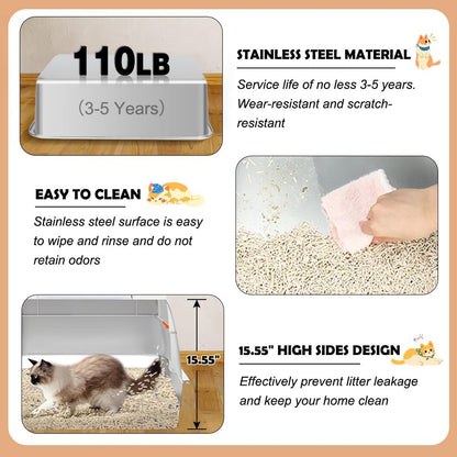 Vivifying Stainless Steel Litter Box with Lid, XL Side Entry Extra Large Litter Box for Big Cats & Kitty, Removable Enclosed Metal Cat Pan with High Sided Enclosure, Scoop, Mat, Footboard (Beige)