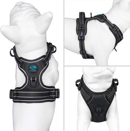 PHOEPET No Pull Dog Harness Medium Reflective Front Clip Puppy Vest with Handle,Adjustable 2 Metal Leash Attachment Hooks(M, Black)