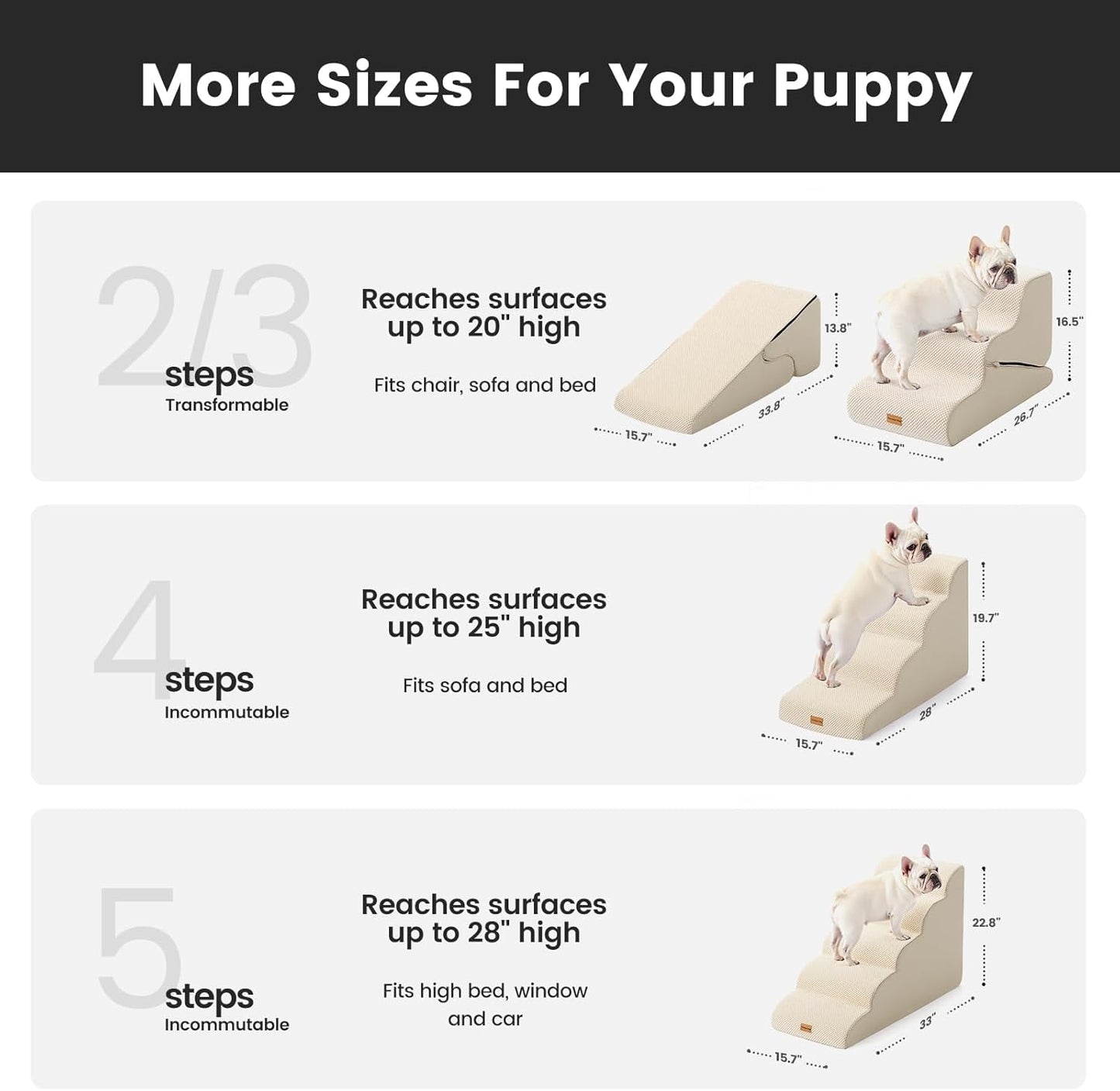 Gardner Pet Dog Stairs for Small Dogs 16.5" H, 2 in 1 Transformable 3-Step Pet Stairs and Dog Ramp for Couch (13-20 in), Beige Adjustable Pet Steps with Non-Slip Waterproof Cover and CertiPUR-US Foam