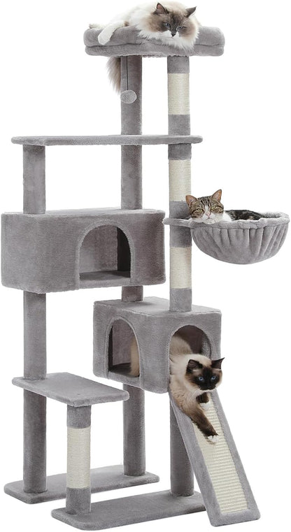 PAWZ Road Cat Tree, 60 Inches Cat Tower with Dual Condos, Spacious Perch, Cozy Basket and Sisal-Covered Scratching Posts for Indoor Cats- Gray