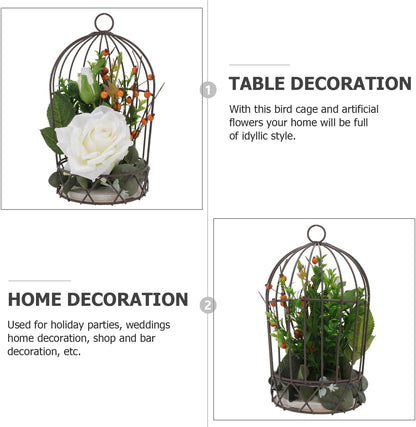 BESTOYARD Hanging Bird Cage Decor with White Simulation Rose Flowers for Home Wedding Table and Garden Ornament
