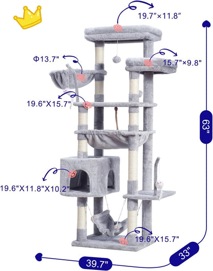 Cat Tree, Cat Tower for Large Cats with 2 Big Platforms, 2 Baskets, condo and Toys, 63" Cat Scratching Posts for Indoor Cats, Light Gray GCT020W
