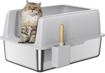 Zarler Stainless Steel Litter Box with Lid, Extra Large Cat Litter Boxes, XL Large Metal Litter Box for Big Cats with High Sided, Light Grey (Non-Sticky, Easy to Clean, Anti-Urine Leakage)