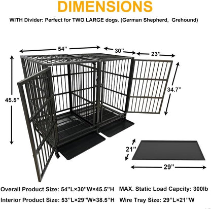 54 Inch Heavy Duty Dog Crate Cage with Divider, Indestructible and Escape Proof Steel Kennel Indoor for 2 High Anxiety Dogs with Sturdy Locks, Double Door and Tray, Extra Large XL XXL