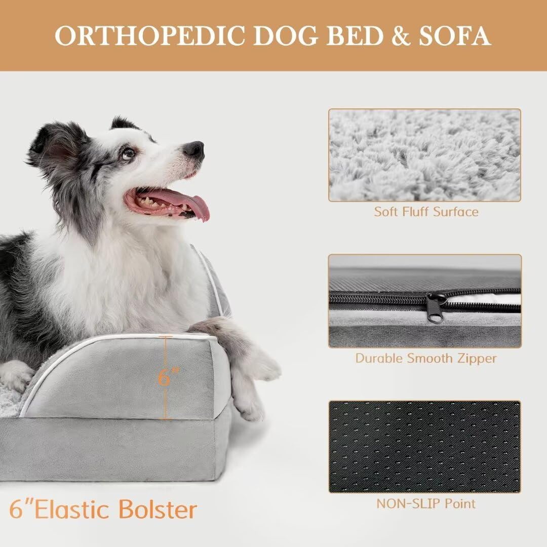 Comfort Expression XXL Dog Beds Waterproof for Extra Large Dogs, Orthopedic Memory Foam Dog Bed for Giant Dogs, Washable Pet Sofa Couch with Bolster & Removable Cover(XX-Large,Light Grey)