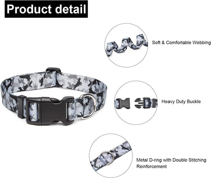 Mercano Adjustable Dog Collar - Special Design Patterns, Soft Nylon Comfortable Sturdy Pet Collar for Small Medium Large Dogs (S, Dog Camouflage Grey)