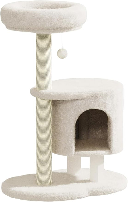 Cat Tree, 34.3 Inches Cat Tower with Scratching Post, Condo, Interactive Hanging Ball, Plush Perch for Indoor Large Cats, Beige