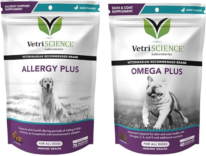 VetriScience Allergy Plus Immune Support Supplement for Dogs, Duck Flavor, 75 Chews & Omega Plus Advanced Skin Supplement for Dogs, 40 Chews
