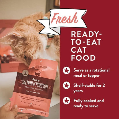 Human-Grade Mixed Variety Pack Wet Cat Food Pouch Boots' Salmon N' Pumpkin - Moist, Soft Cat Food Mixer, Topper, and Rotational Meal by Portland Pet Food Company -12 Pack