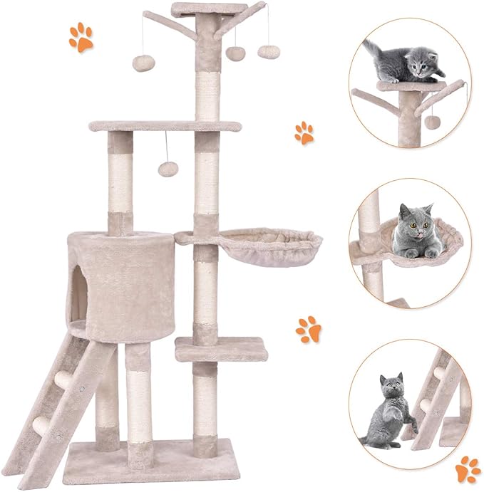 Tangkula 56 Inch Cat Tree - Multi-Level Cat Tower Condo with Sisal Scratching Post and Ladder, Large Cat Playground for Indoor Cats