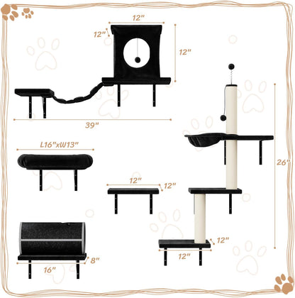NUNU LAB Wall Mounted Cat Furniture, 7 Pcs Cat Wall Shelves with House, Tunnel, Bridge, Steps, Scratcher, Hammock, Bed, Indoor Safe & Stable Furniture for Kittens Play, Black