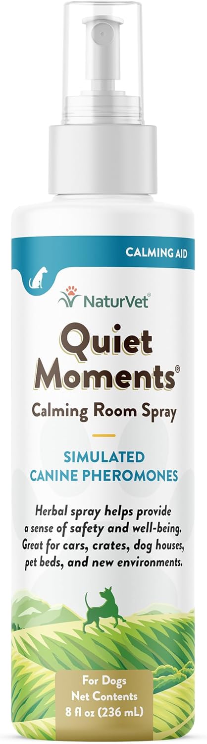 NaturVet Quiet Moments Herbal Calming Room Spray Dog Supplement – Ideal for Cars, Dog Crates, New Environments – Helps Reduce Pet Stress, Storm Anxiety, Motion Sickness – 8 Oz.