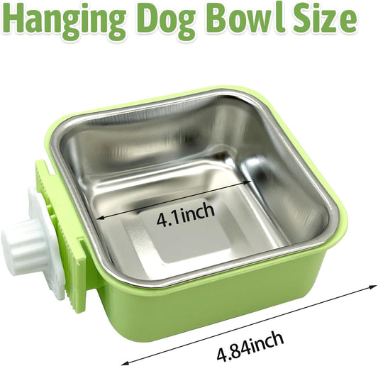 kathson Crate Dog Bowl, Removable Stainless Steel Hanging Pet Kennel Cage Bowl Food & Water Feeder Coop Cup for Puppy, Cat, Rabbit,Guinea Pigs 2pcs Square(Blue,Green)